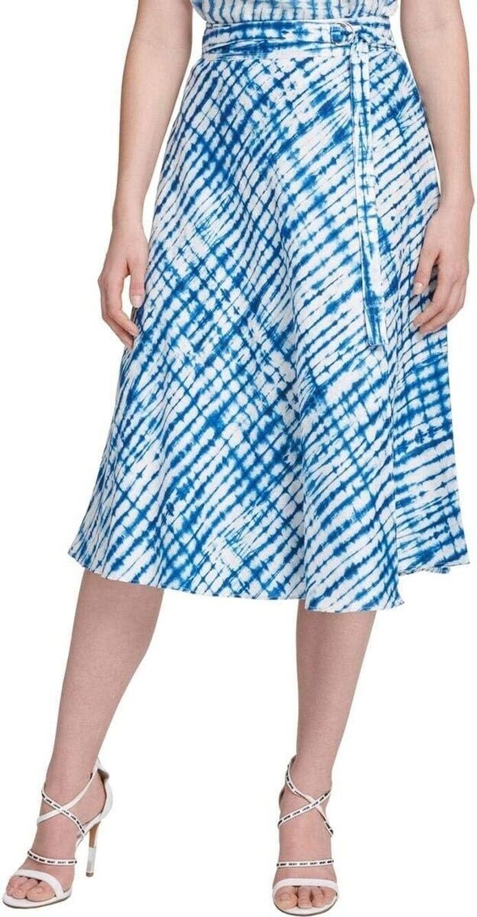 DKNY Women's Size 12 Blue White Tie Dye Linen Midi Wrap Skirt Belted NWT